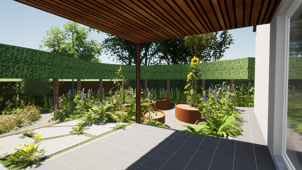 3D-ontwerp: zicht vanonder houten overkapping op ronde cortenstalen plantenbakken — Groene oase met moestuin, Dilbeek