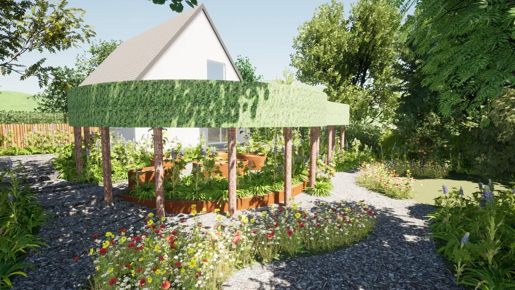 3D-ontwerp: gebogen groene pergola op stammen boven plantvakken en grindpad — Groene oase met moestuin, Dilbeek