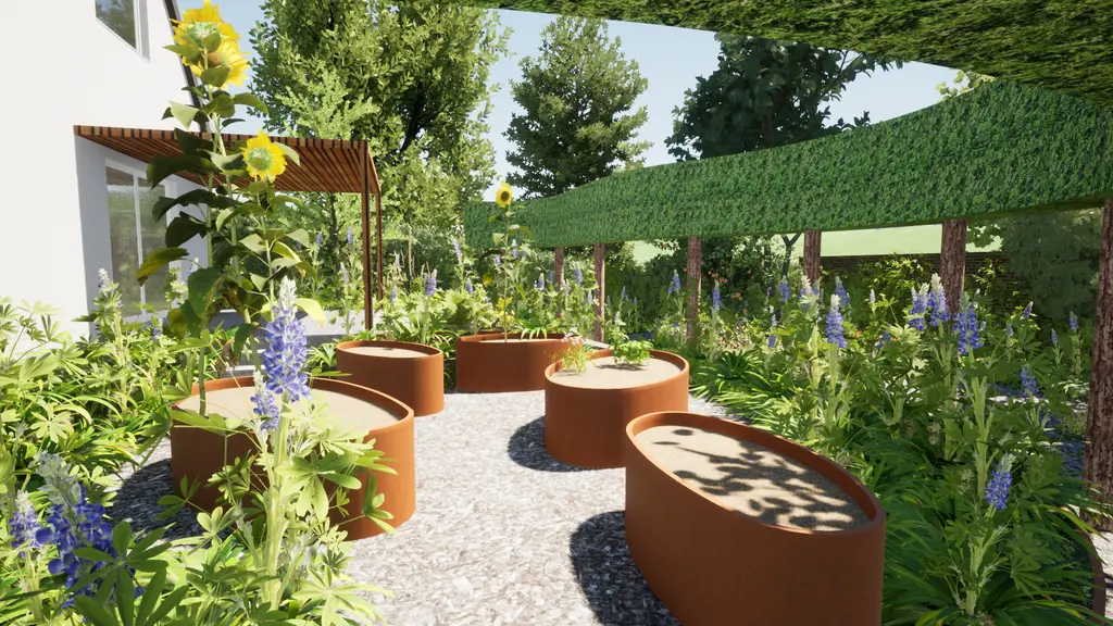 3D-ontwerp: ronde cortenstalen plantenbakken op grind tussen bloeiende planten — Groene oase met moestuin, Dilbeek