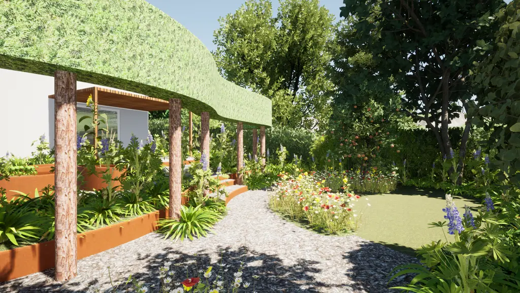3D-ontwerp: groene pergola op boomstammen langs cortenstalen plantvakken en gazon — Groene oase met moestuin, Dilbeek