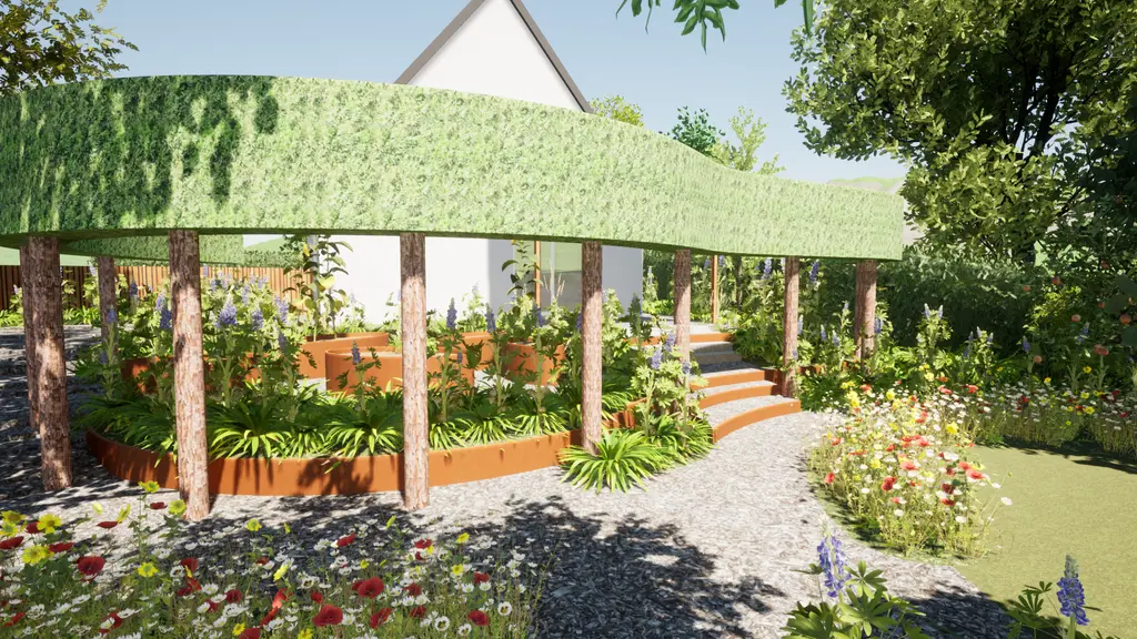 3D-ontwerp: groene pergola boven plantvakken, gebogen treden en bloemenweide — Groene oase met moestuin, Dilbeek