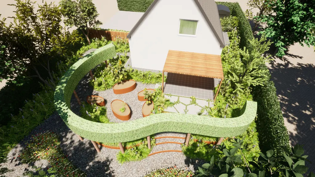 3D-ontwerp: vogelvlucht met golvende groene pergola en ronde plantenbakken op grind — Groene oase met moestuin, Dilbeek