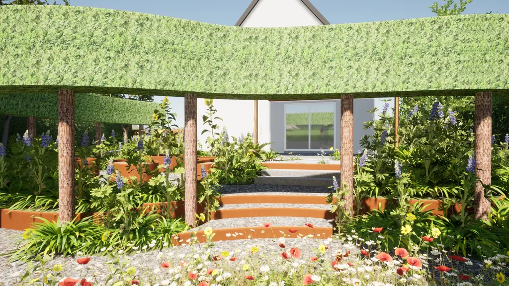3D-ontwerp: treden met cortenstalen rand onder groene pergola, bloemenweide vooraan — Groene oase met moestuin, Dilbeek