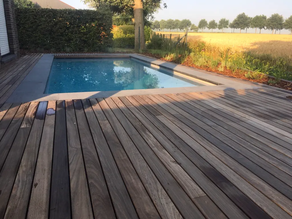 Houten terras naar zwembad met stenen rand, beplanting en graanveld erachter — Klein en krachtig, Relegem