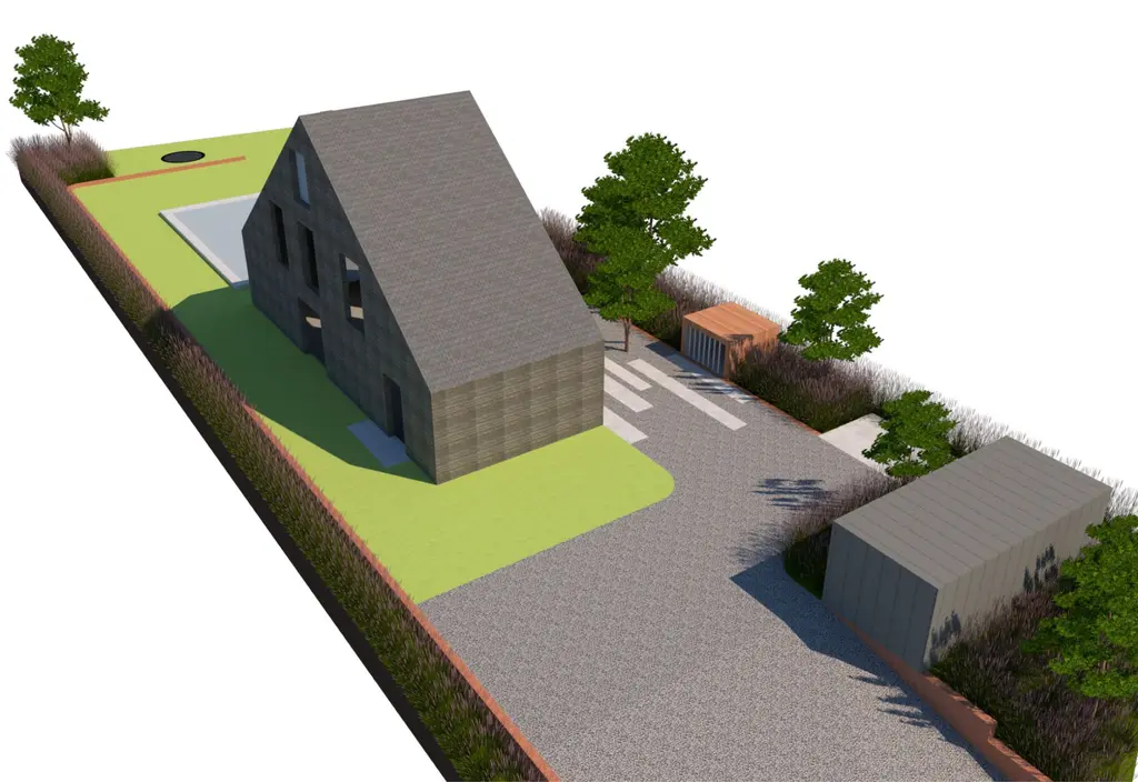 3D-ontwerp: vogelvlucht van woning met grindoprit, betonstroken, gazon en zwembad — Krachtig en uniek, Lembeek