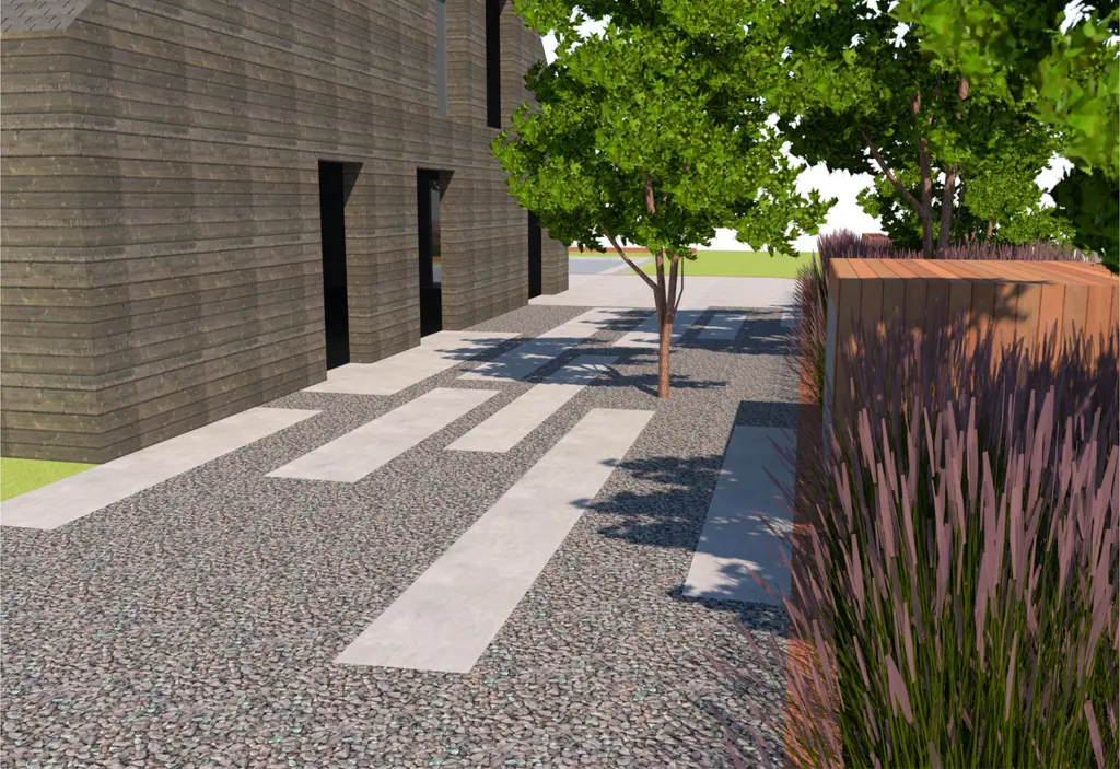 3D-ontwerp: grind met lichte betonstroken en siergrassen langs de houten gevel — Krachtig en uniek, Lembeek