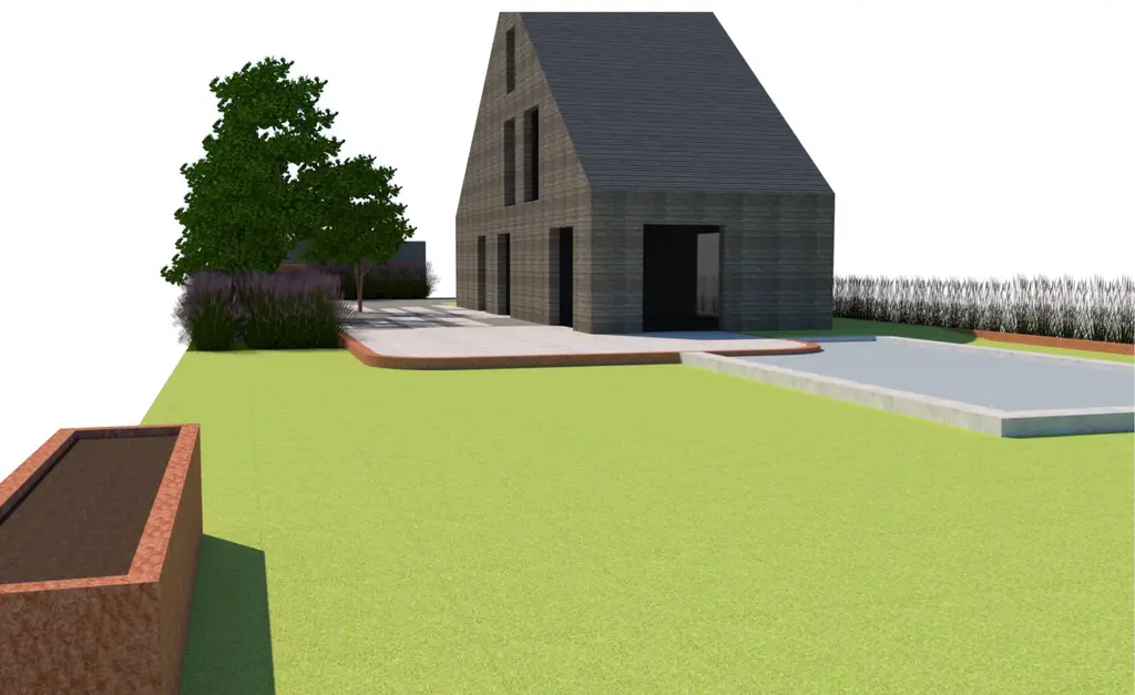 3D-ontwerp: gazon met zwembad en cortenstalen plantenbak bij de woning — Krachtig en uniek, Lembeek