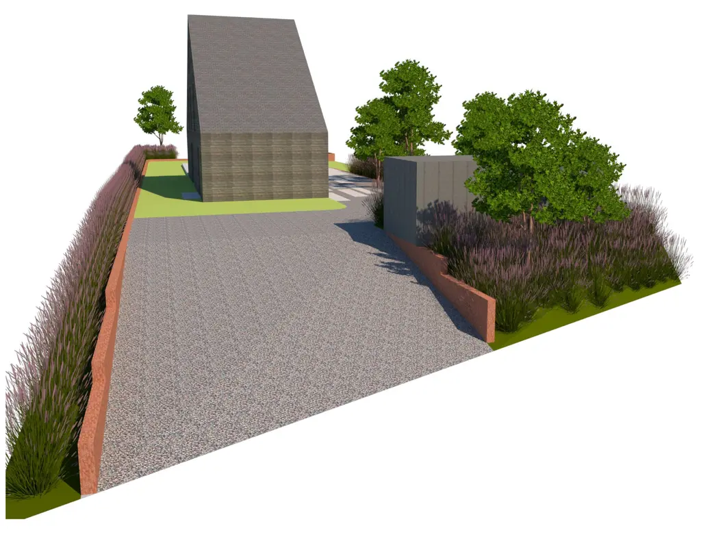 3D-ontwerp: grindoprit tussen beplante bedden met cortenstalen rand — Krachtig en uniek, Lembeek