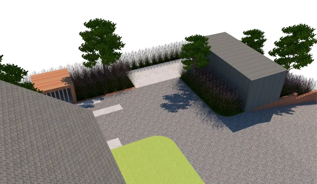 3D-ontwerp: grindvlak met betonstroken, bijgebouw en siergrassen van bovenaf — Krachtig en uniek, Lembeek