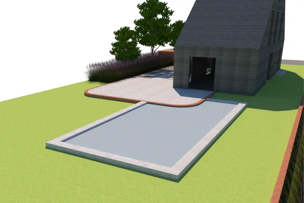 3D-ontwerp: zwembad in gazon naast terras met cortenstalen rand en siergrassen — Krachtig en uniek, Lembeek