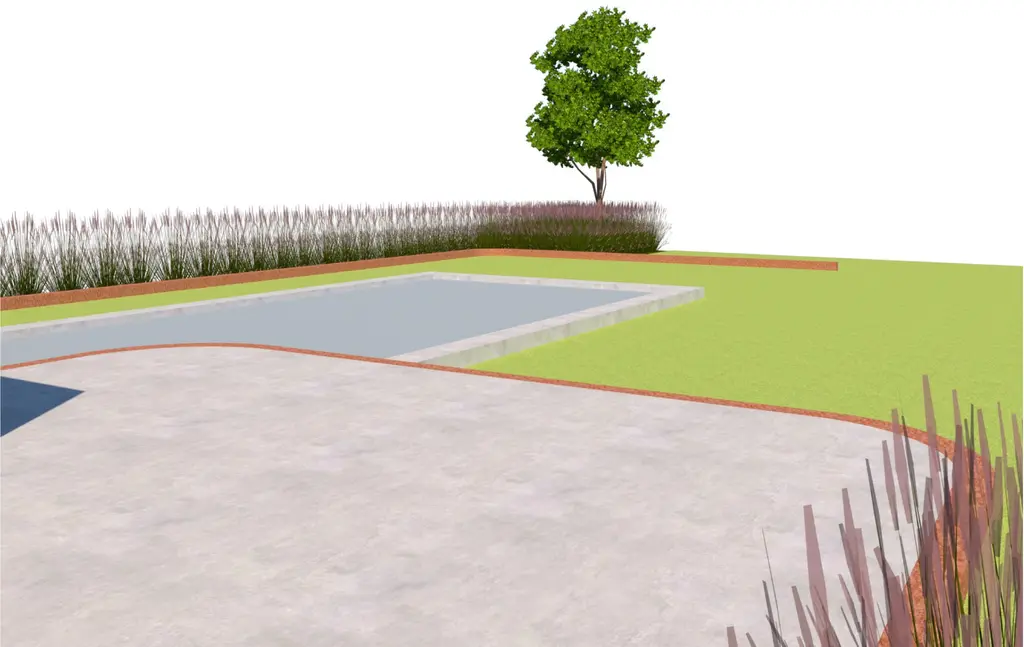 3D-ontwerp: terras met gebogen cortenstalen rand naast zwembad en gazon — Krachtig en uniek, Lembeek