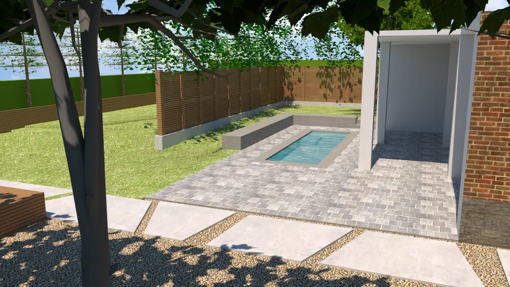 3D-ontwerp: plonspool in terras met houten scherm en leibomen achteraan — Pleziertuin met karakter, Sint-Martens-Lennik