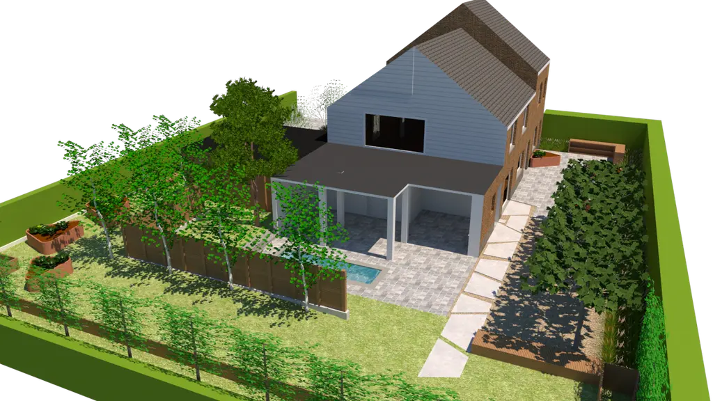 3D-ontwerp: vogelvlucht van woning, overdekt terras, zwembad en leibomen — Pleziertuin met karakter, Sint-Martens-Lennik