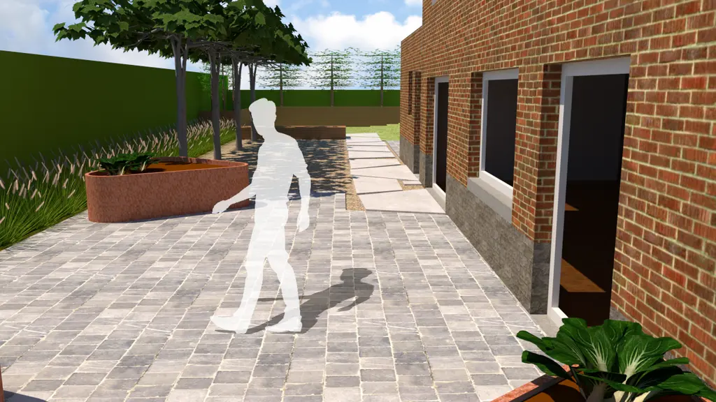 3D-ontwerp: terras langs bakstenen gevel met leibomen en stapstenen — Pleziertuin met karakter, Sint-Martens-Lennik