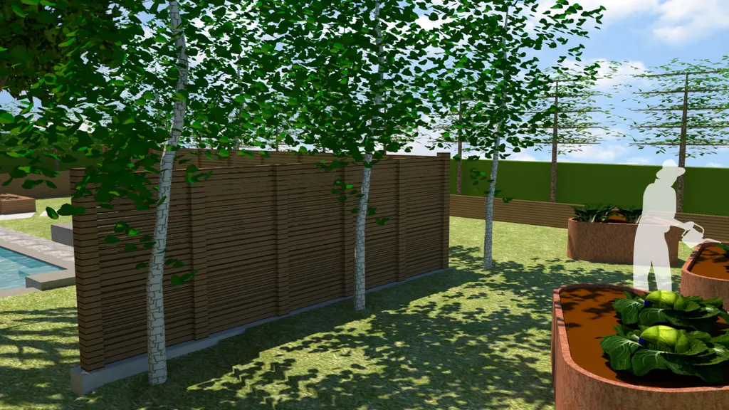 3D-ontwerp: ronde cortenstalen bakken met groenten naast houten scherm — Pleziertuin met karakter, Sint-Martens-Lennik