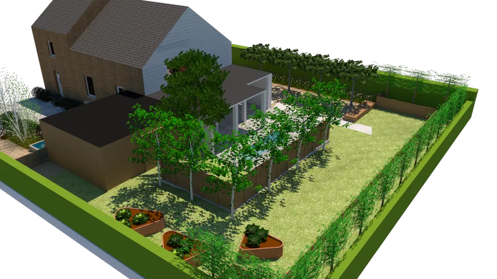 3D-ontwerp: vogelvlucht van tuin met hagen, bomen en houten scherm — Pleziertuin met karakter, Sint-Martens-Lennik