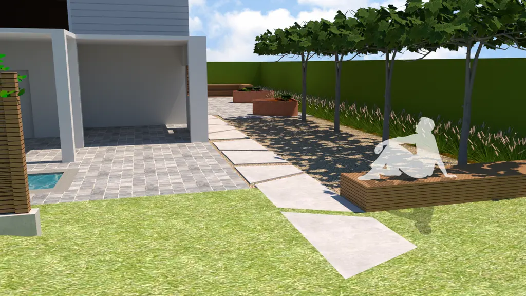 3D-ontwerp: gazon met stapstenen, houten zitbank en leibomen — Pleziertuin met karakter, Sint-Martens-Lennik