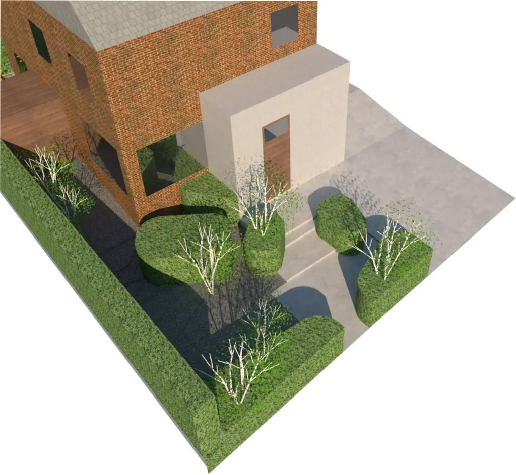 3D-ontwerp: vogelvlucht van voortuin met gebogen hagen en meerstammige heesters — Privacy troef, Schepdaal