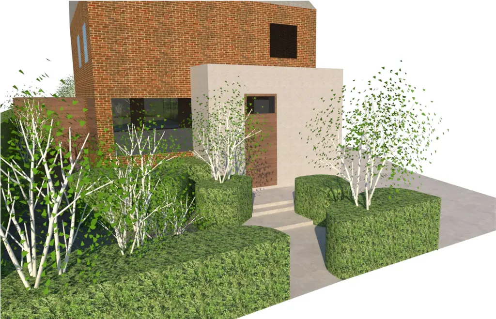 3D-ontwerp: voortuin met gebogen haagvormen en meerstammige heesters bij de voordeur — Privacy troef, Schepdaal