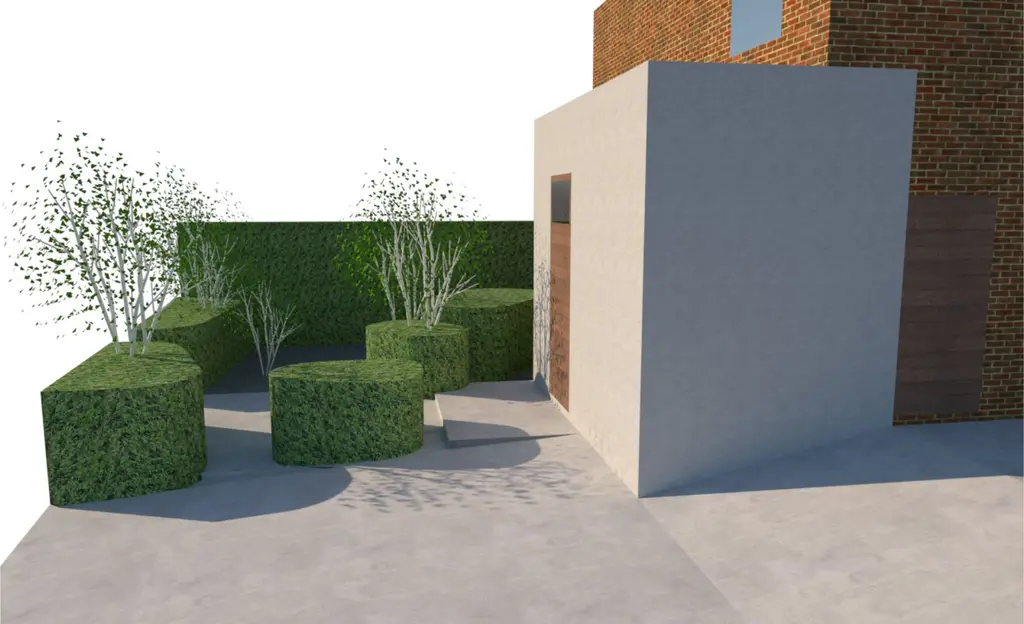 3D-ontwerp: gebogen haagblokken en meerstammige heesters naast het witte bijgebouw — Privacy troef, Schepdaal
