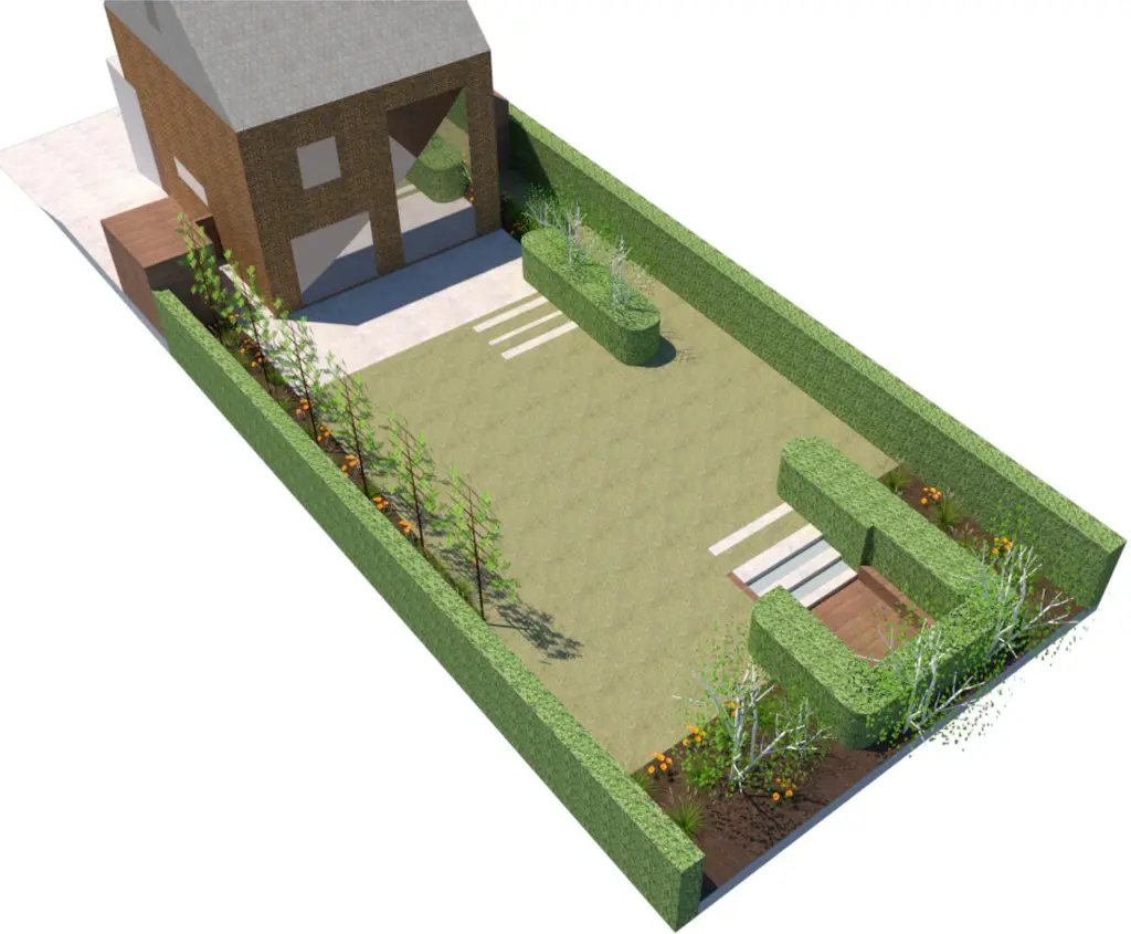 3D-ontwerp: bovenaanzicht van achtertuin met gazon, hagen, leibomen en zitput — Privacy troef, Schepdaal