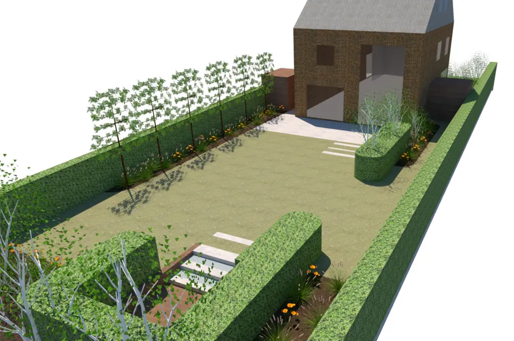 3D-ontwerp: vogelvlucht van achtertuin met gazon, hoge hagen, leibomen en zitput — Privacy troef, Schepdaal