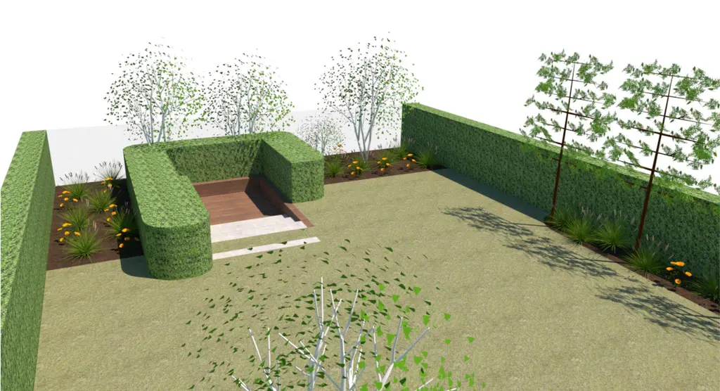 3D-ontwerp: verdiepte zitput omringd door haag, met gazon en leibomen — Privacy troef, Schepdaal