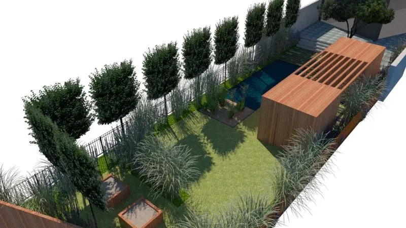 3D-ontwerp: vogelvlucht met zwemvijver, bijgebouwen en leibomen — Romantische pleziertuin met zwemvijver, Vilvoorde