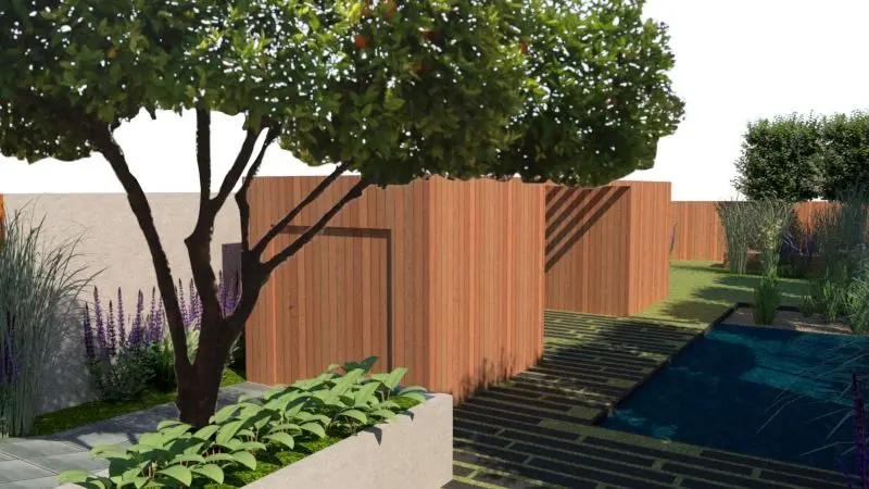 3D-ontwerp: meerstammige boom, houten berging en zwemvijver — Romantische pleziertuin met zwemvijver, Vilvoorde