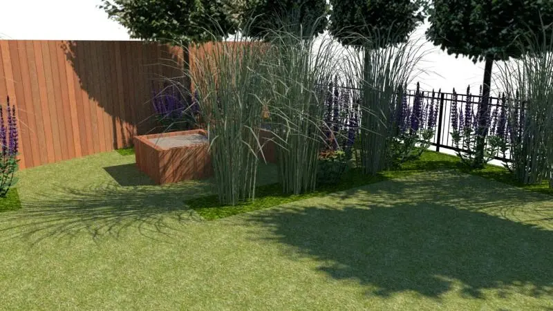 3D-ontwerp: gazon met siergrassen, houten bak en houten wand — Romantische pleziertuin met zwemvijver, Vilvoorde