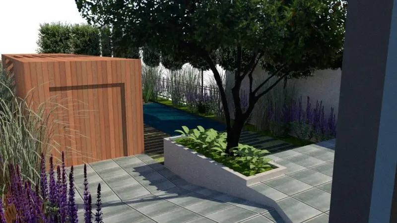 3D-ontwerp: terras met verhoogde plantenbak en meerstammige boom — Romantische pleziertuin met zwemvijver, Vilvoorde