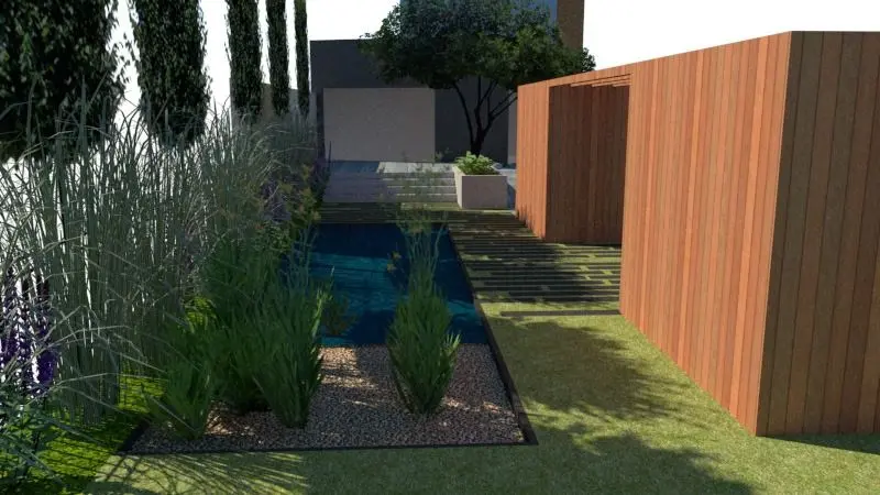 3D-ontwerp: zwemvijver met waterplanten langs hoge houten wand — Romantische pleziertuin met zwemvijver, Vilvoorde