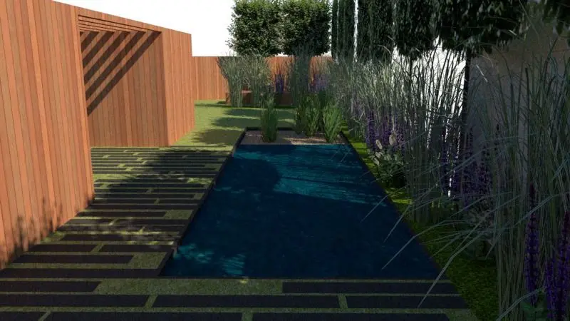 3D-ontwerp: lange zwemvijver met houten vlonderstroken en pergola — Romantische pleziertuin met zwemvijver, Vilvoorde