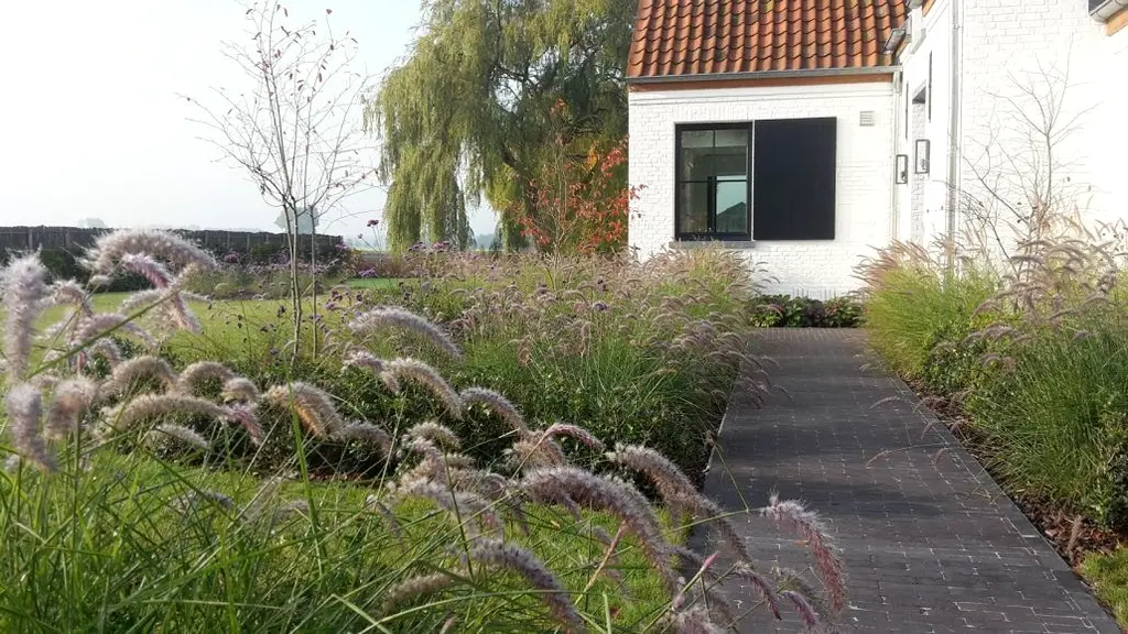 Klinkerpad tussen siergrassen naar de witte woning met rood pannendak — Sobere kwaliteit, Wolvertem