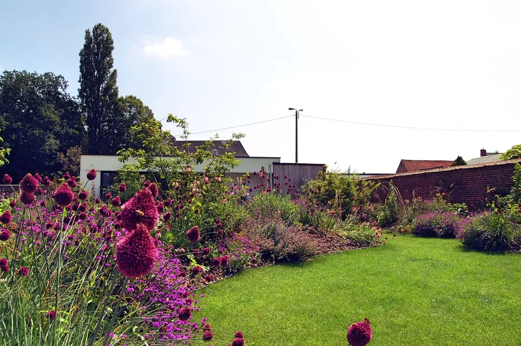 Gazonpad tussen bloeiende borders, met bakstenen muur en bomen op de achtergrond — Speelse taluds, Galmaarden