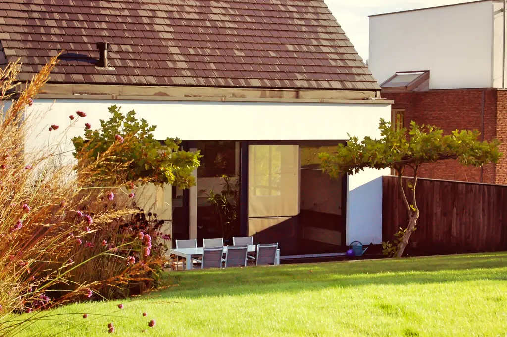 Gazon met meerstammig boompje voor het overdekte terras van de moderne woning — Sterk in zijn eenvoud, Dilbeek