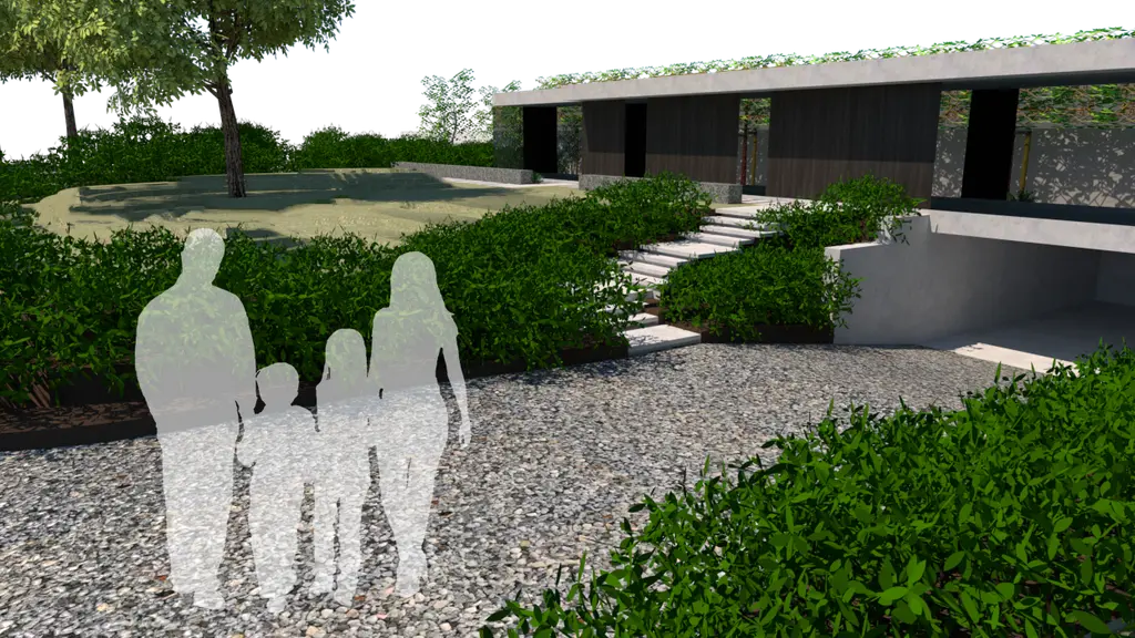3D-ontwerp: trap naar de voordeur tussen heesters en grind, met silhouetten — Strak en natuurlijk, Vollezele