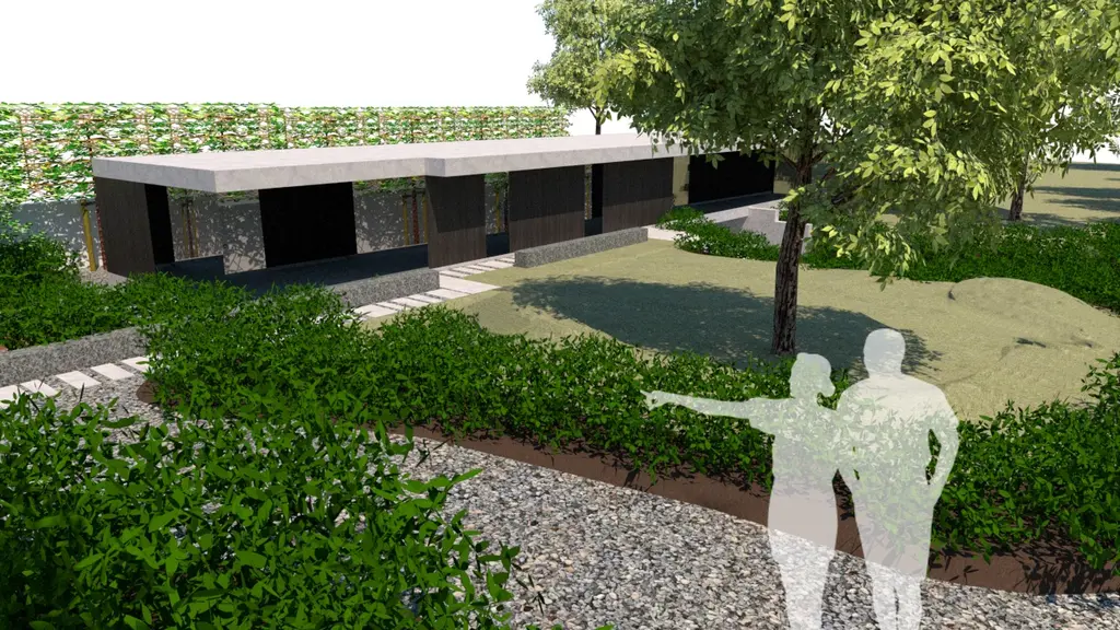 3D-ontwerp: lage moderne woning met heesters, grind en stapstenen — Strak en natuurlijk, Vollezele