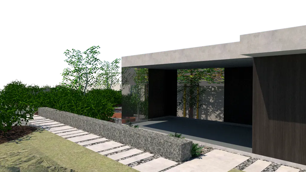 3D-ontwerp: betonnen stapstenen en stenen bank naar de inkom — Strak en natuurlijk, Vollezele