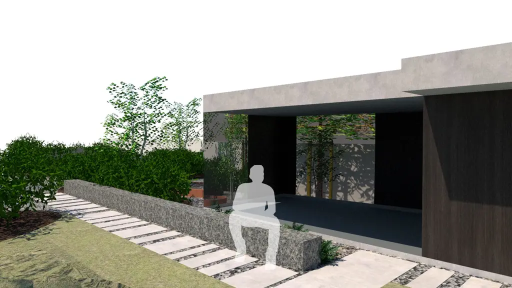 3D-ontwerp: stapstenen naar de inkom met stenen bank en silhouet — Strak en natuurlijk, Vollezele