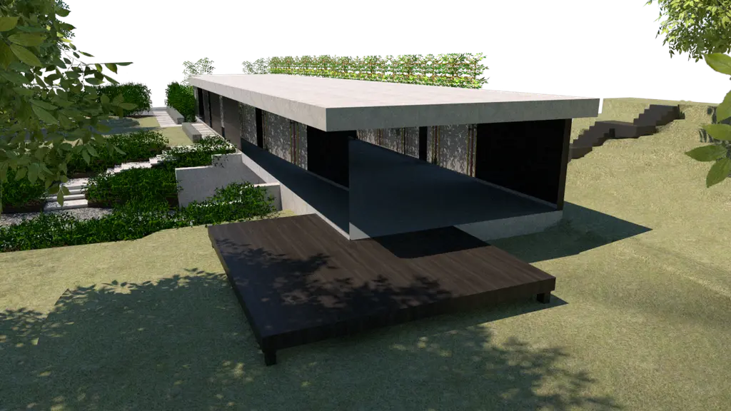 3D-ontwerp: houten terras bij overstekend plat dak, gazon en heesters — Strak en natuurlijk, Vollezele
