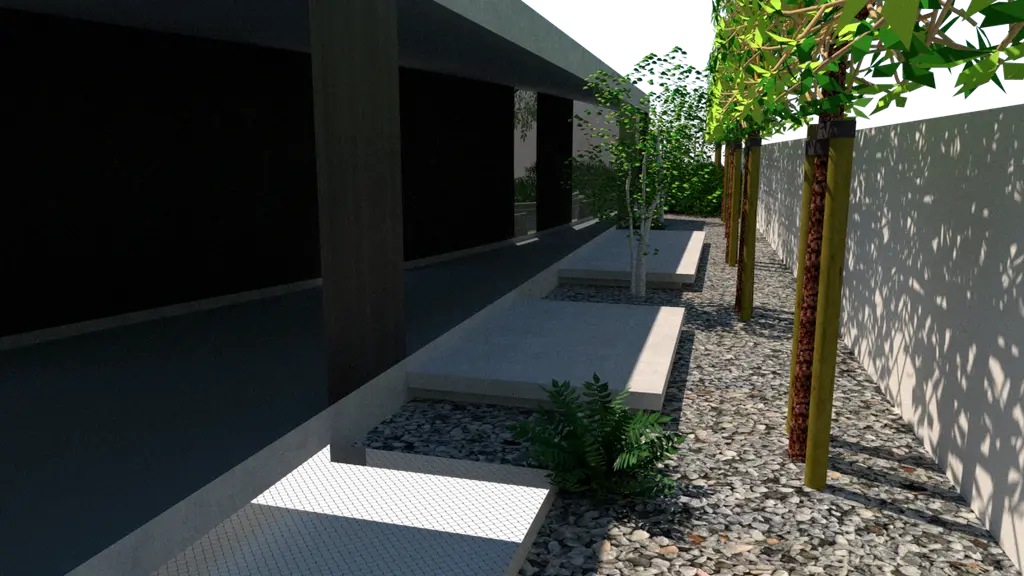3D-ontwerp: stapstenen in kiezel langs de achtergevel, met boompjes — Strak en natuurlijk, Vollezele