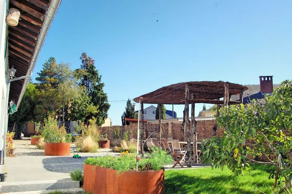 Gazon met cortenstalen plantenbakken en pergola van boomstammen — Wilde eetbare tuin, Sint-Pieters-Leeuw